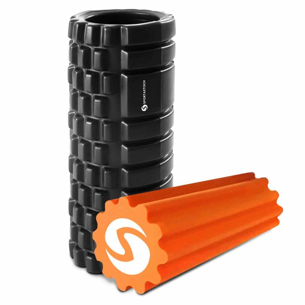 Faszienrolle im Set: Schwarze Faszienrolle (medium) und orange Massagerolle (weich)